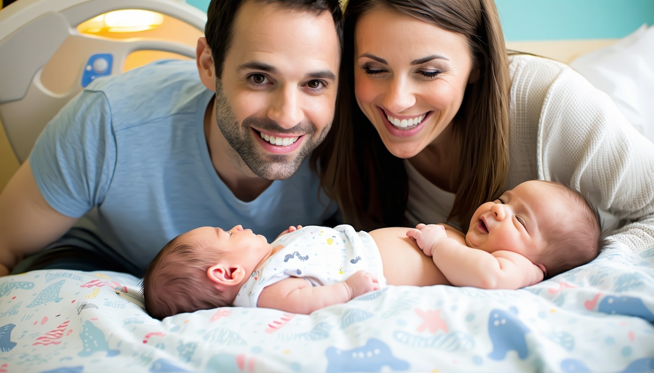 A joyful family gathered around a newborn in a hos