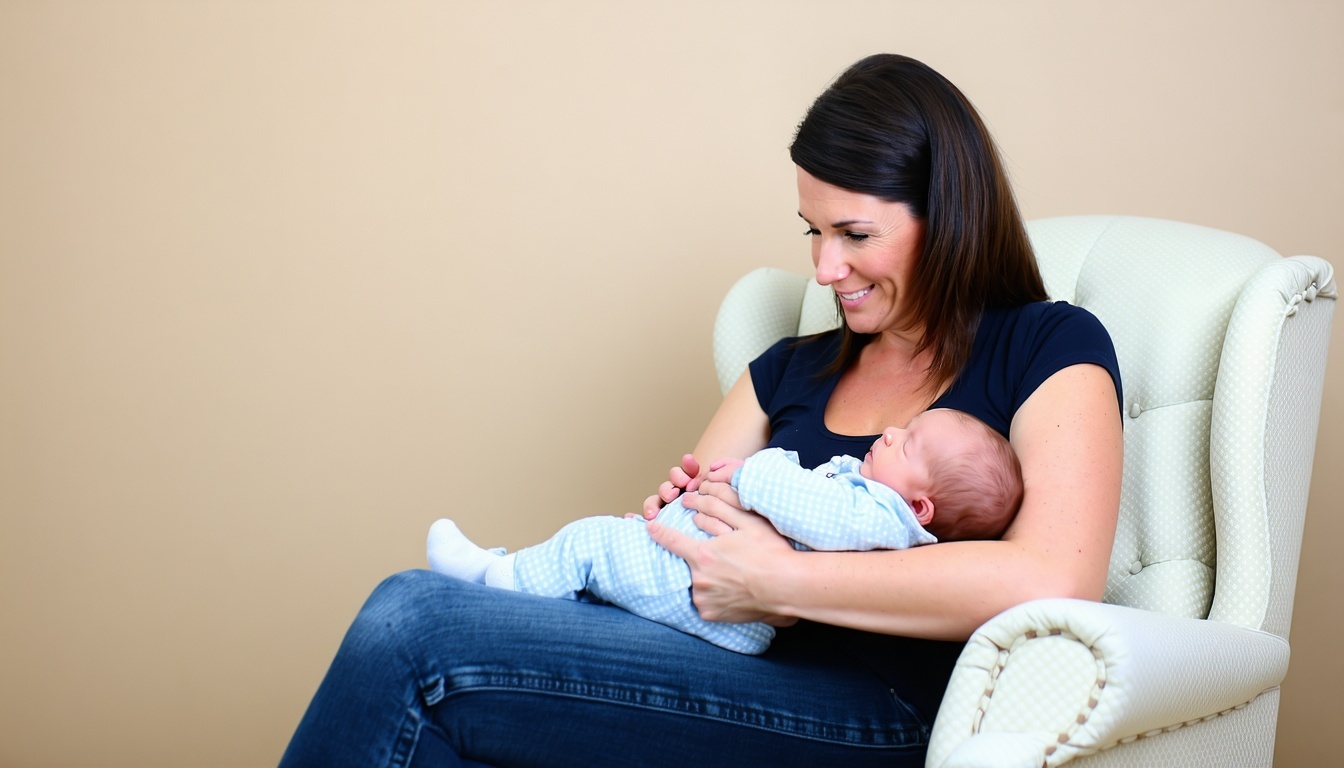 A new mom sitting comfortably with her newborn, bo
