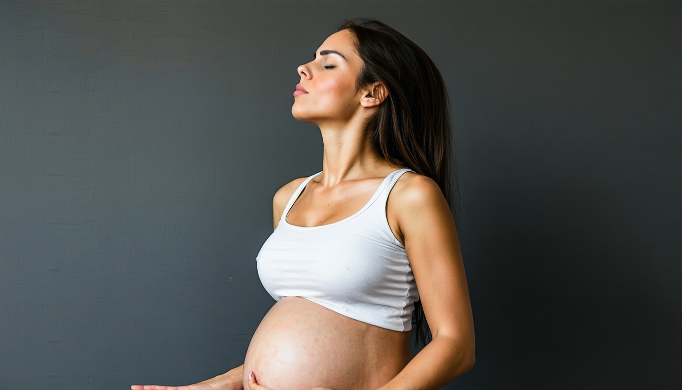 A pregnant woman practicing deep breathing exercis