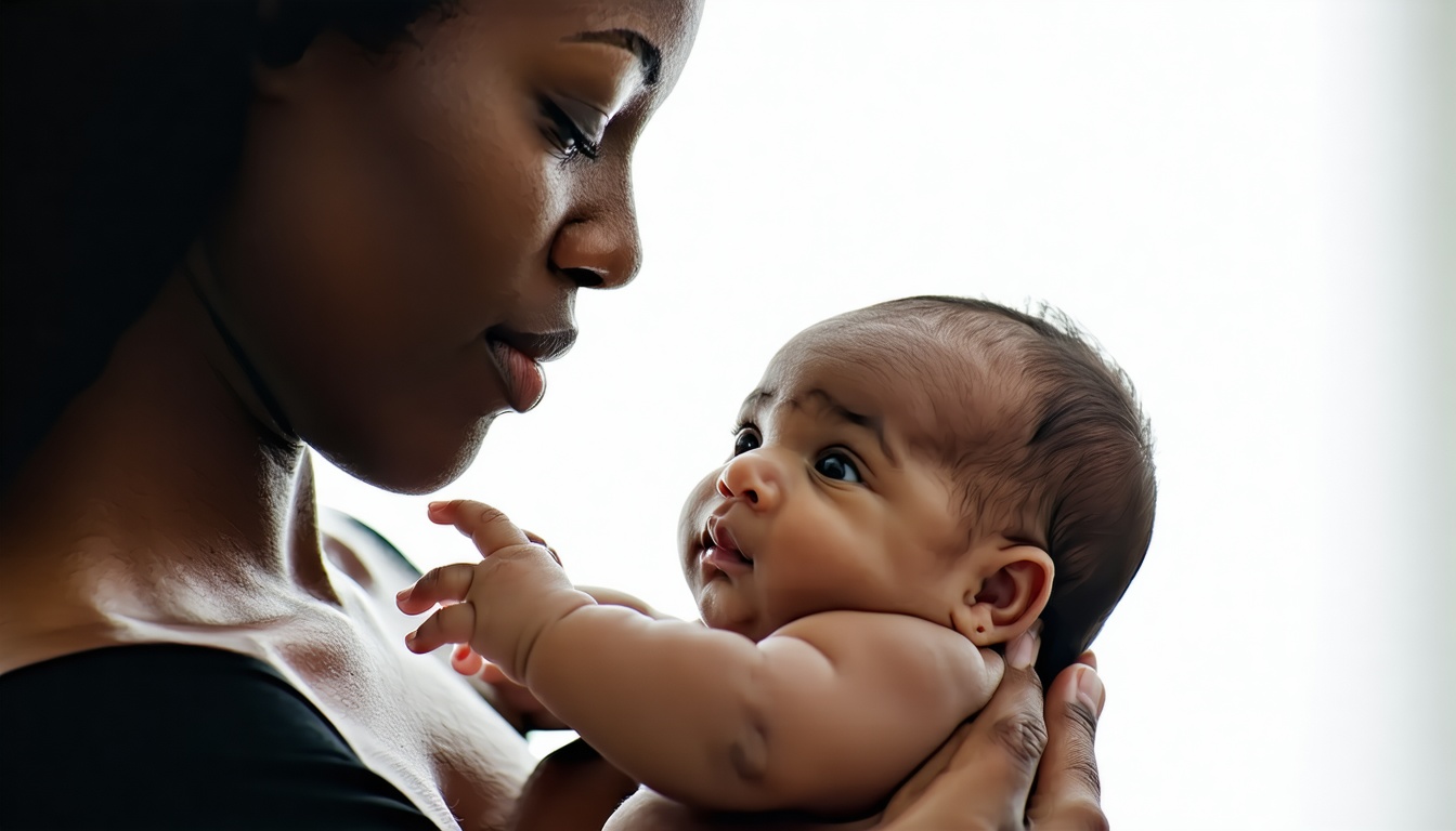 A serene image of a new mother holding her baby, s