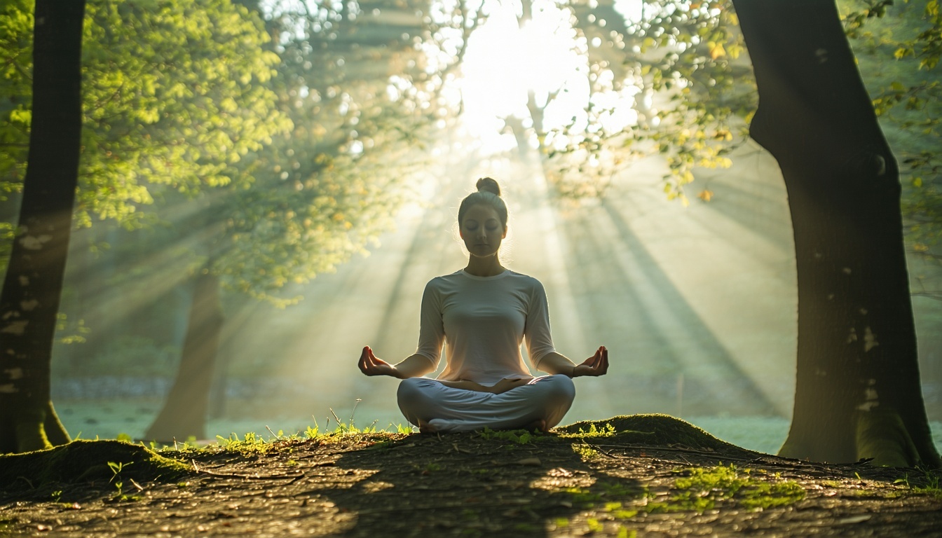 A serene image of a person meditating in a peacefu