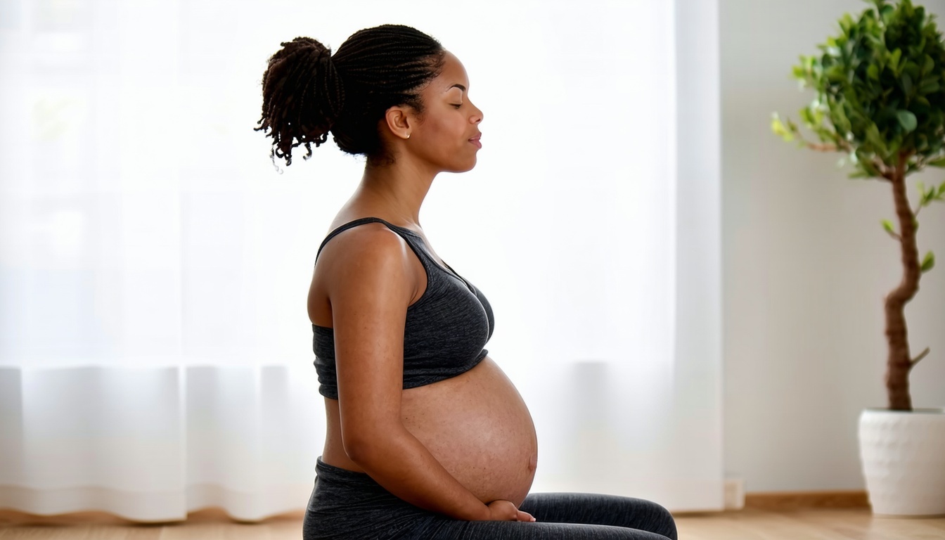 A serene image of a pregnant woman practicing deep